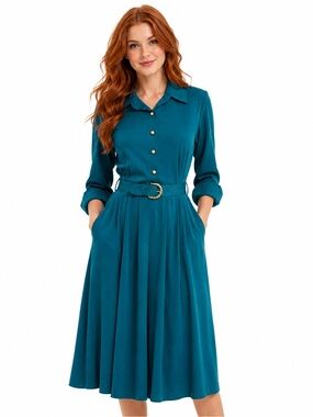 Vintage 80s Teal Shirt Dress Womens Size 6 Belted Midi Button Front Pockets